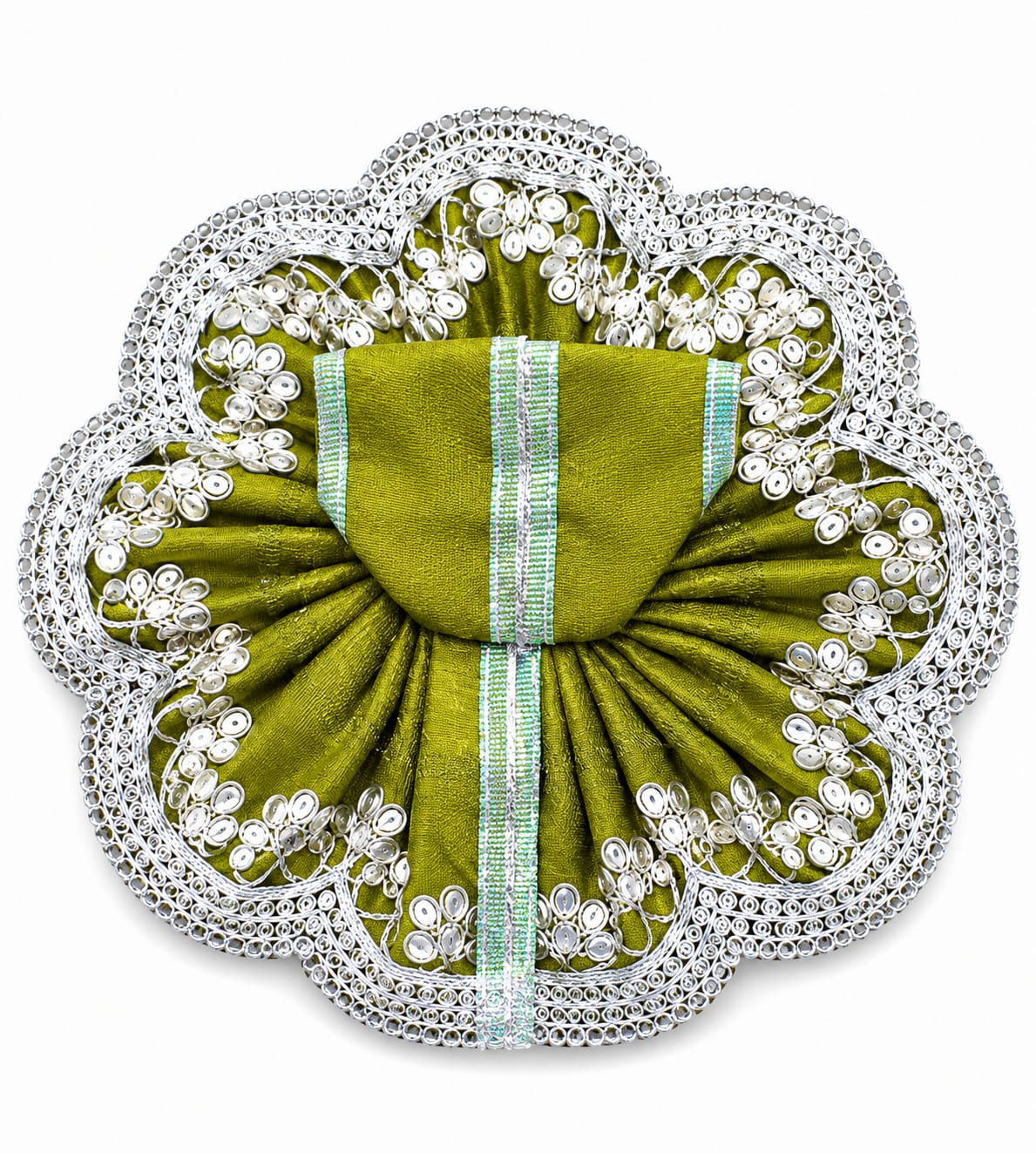 Decorative green fabric brooch with pearl embellishments on a white background
