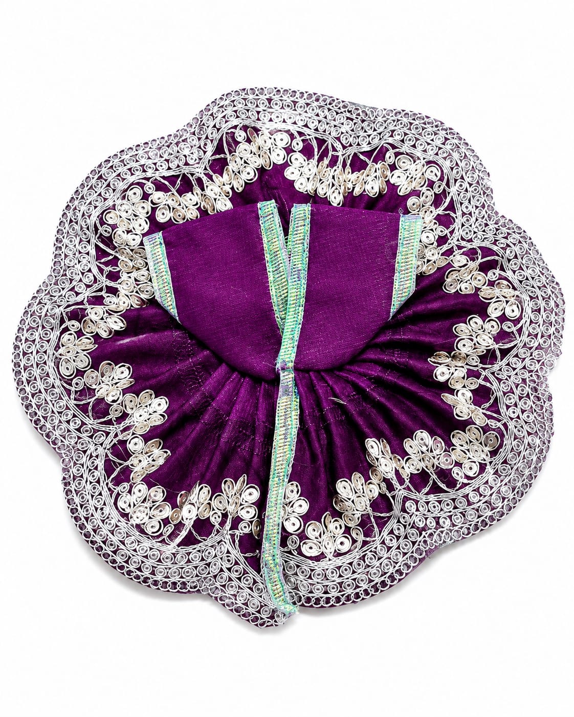 Decorative purple fabric item with intricate silver embroidery on a white background