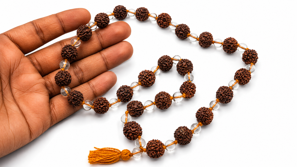 natural rudraksha and quartz crystal mala 28 beads 12 inches spiritual prayer beads for peace and meditation