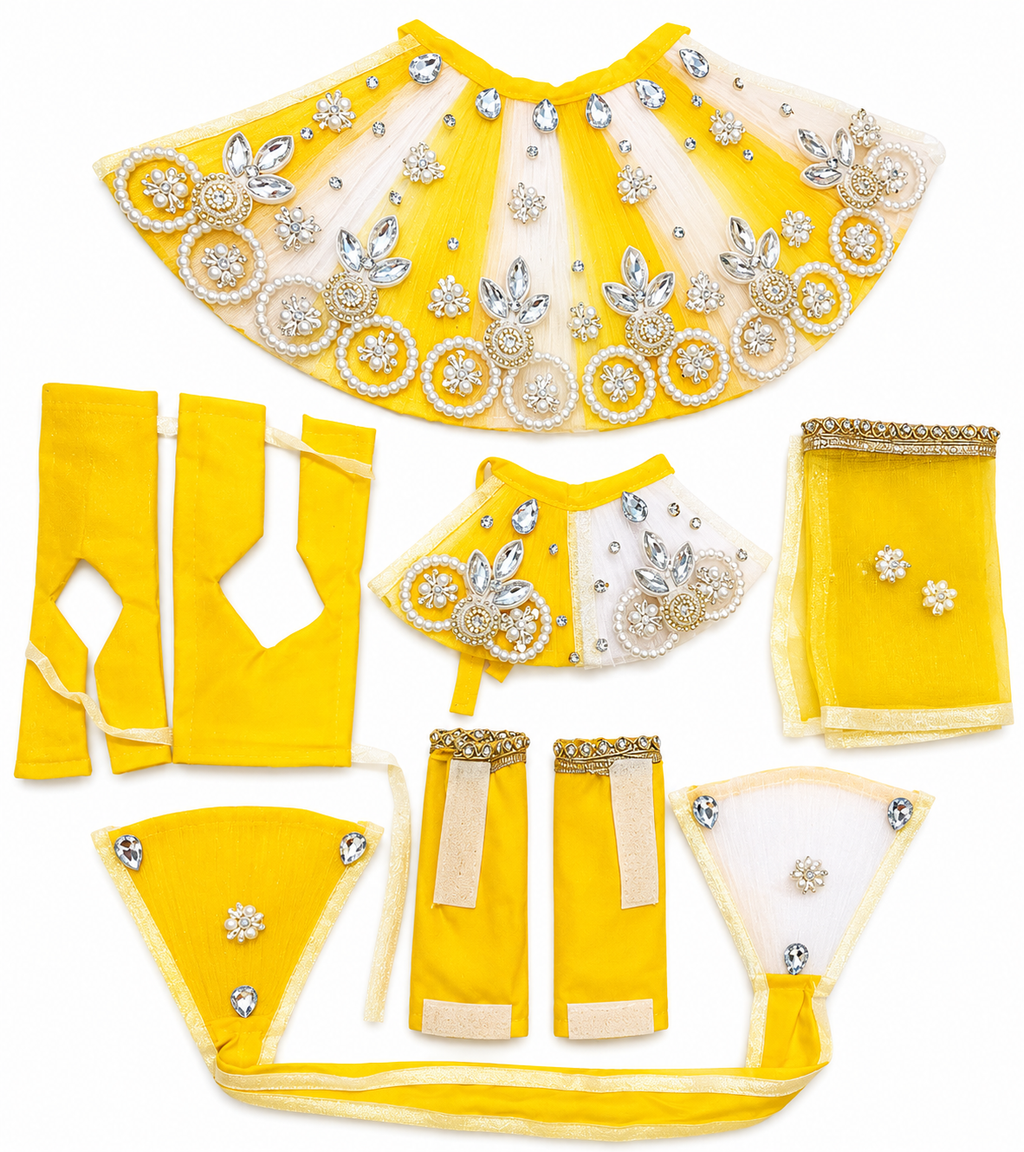 9 inch and 10 inch Radha Krishna Premium Fancy Janmashtami Dress Poshak with Stone Work Color Yellow