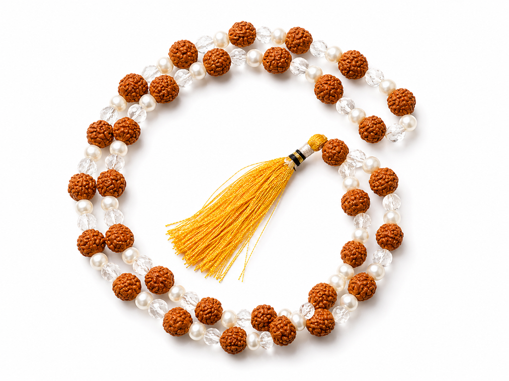 handcrafted double round rudraksha mala with pearl crystal beads jap mala for meditation daily wear