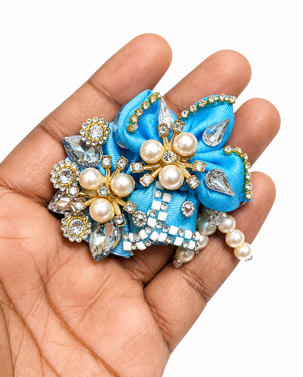 Wholesale Price Premium Sky Blue Pearl & Stone Work Laddu Gopal Pagdi for Size 0 | Handmade Designer Mukut Safa for 1 to 1.5 Inch Bal Gopal Idol