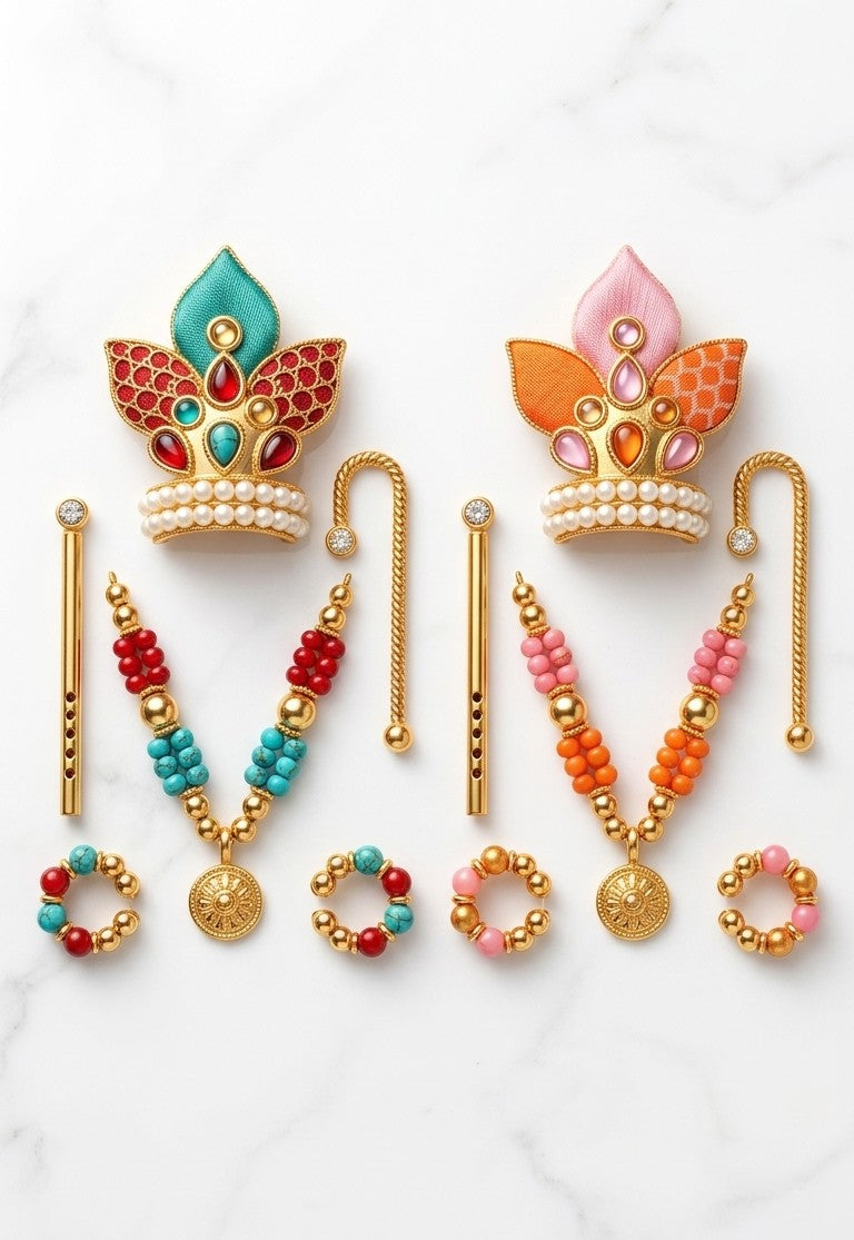 Vrindavan E Store Premium Meenakari Shringar Set for Laddu Gopal (Size 0) – Complete Jewelry Kit with Mukut, Mala, & Bansuri