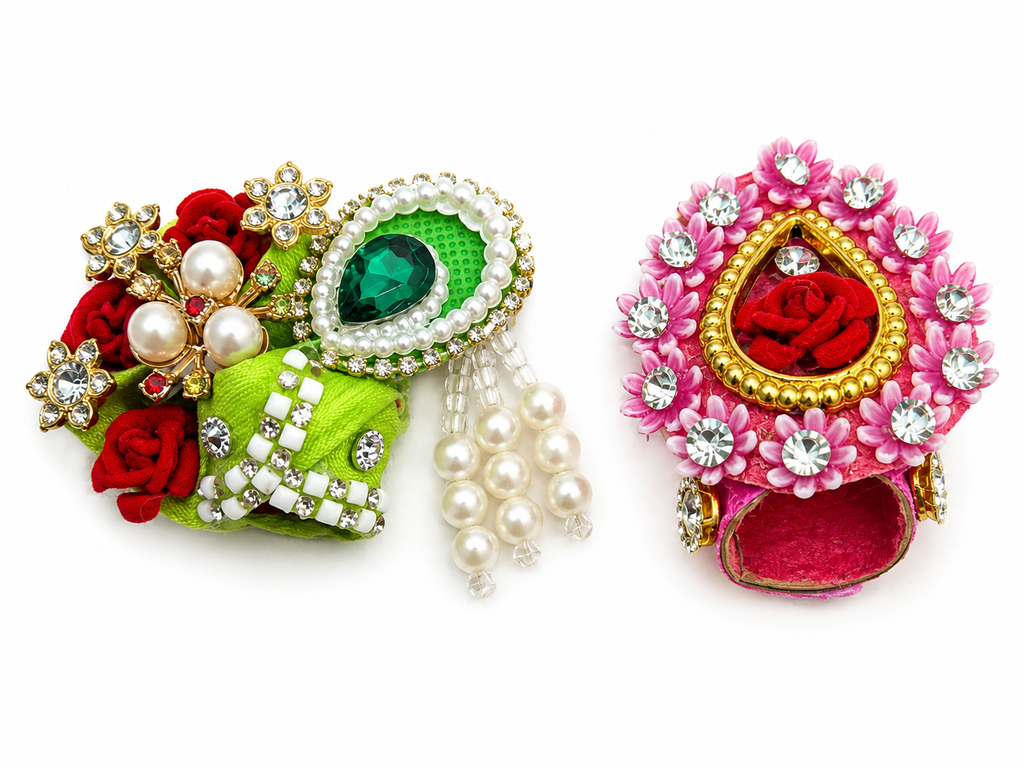 Pack of 2 Premium Fancy Pagdi for Size 0 Laddu Gopal Ji | Designer Mukut/Pagdi Set with Pearl & Stone Work | Handmade Kanha Ji Shringar Accessories