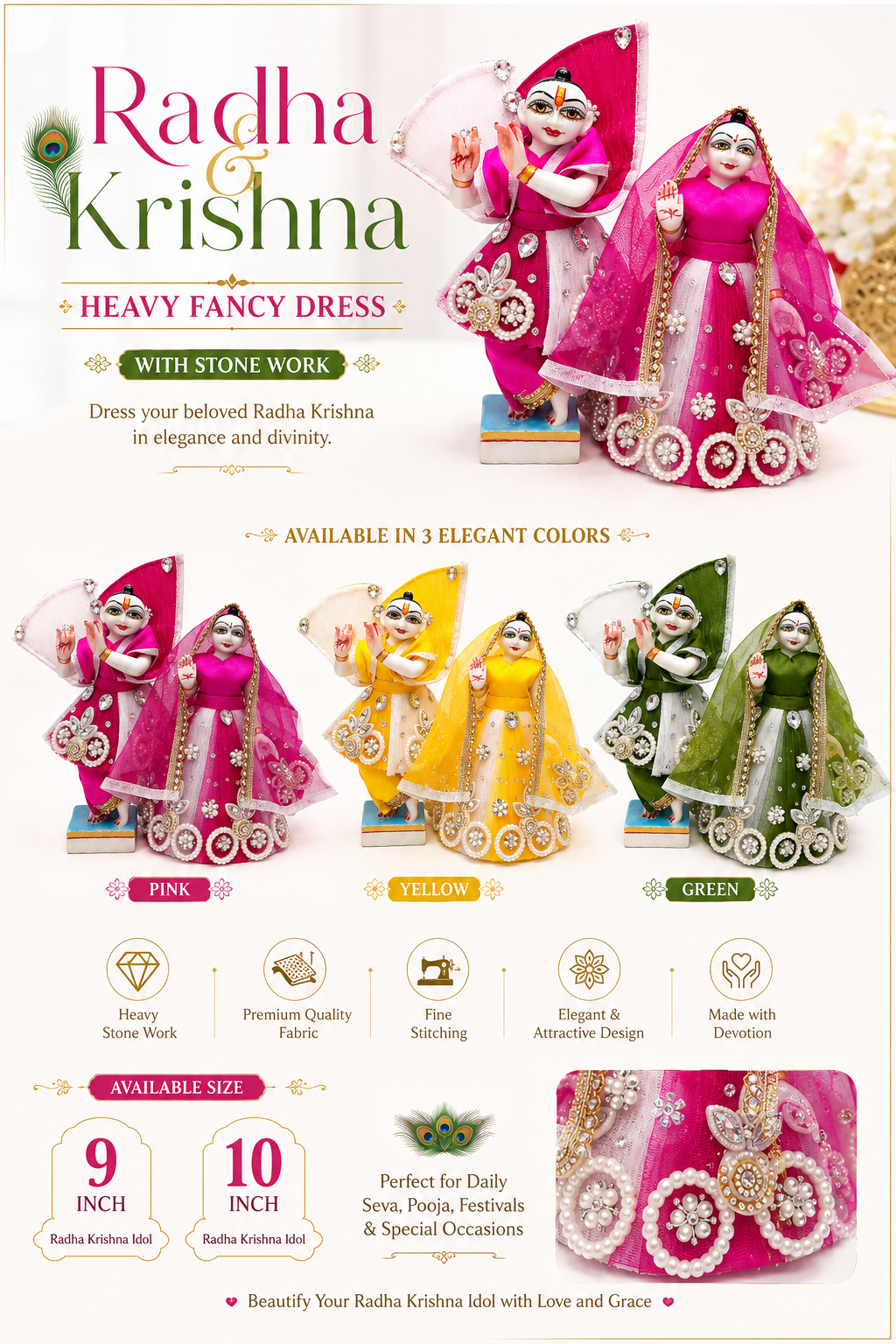 9 inch and 10 inch Radha Krishna Premium Fancy Janmashtami Dress Poshak with Stone Work Rich Content Image