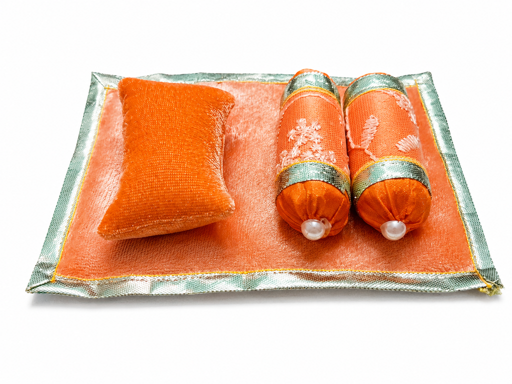 premium laddu gopal takiya bistar set with 2 side pillows bedsheet soft velvet handmade bedding for size 0 kanha ji bal gopal 1