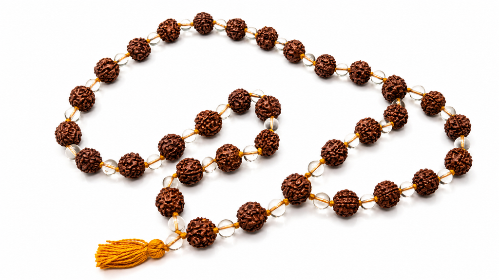 natural rudraksha and quartz crystal mala 28 beads 12 inches spiritual prayer beads for peace and meditation