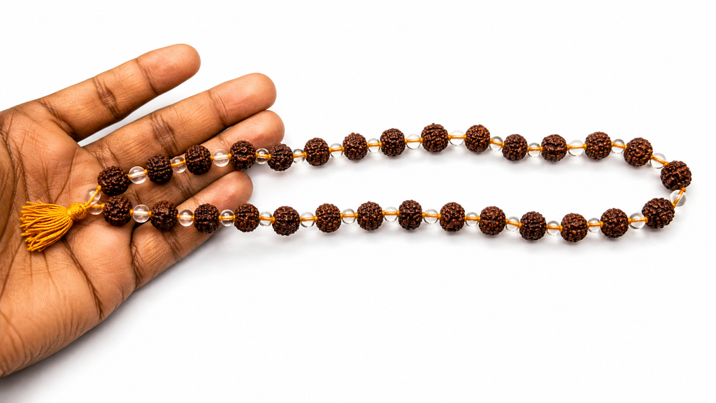 natural rudraksha and quartz crystal mala 28 beads 12 inches spiritual prayer beads for peace and meditation