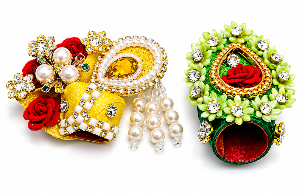 pack of 2 premium fancy pagdi for size 0 laddu gopal ji designer mukut pagdi set with pearl stone work handmade kanha ji shringar accessories 5