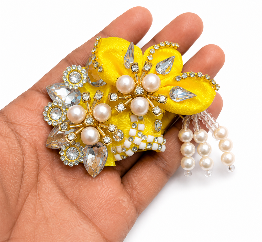 Premium Pearl & Stone Work Laddu Gopal Pagdi Yellow for Size 0 | Handmade Designer Mukut Safa for 1 to 1.5 Inch Bal Gopal Idol