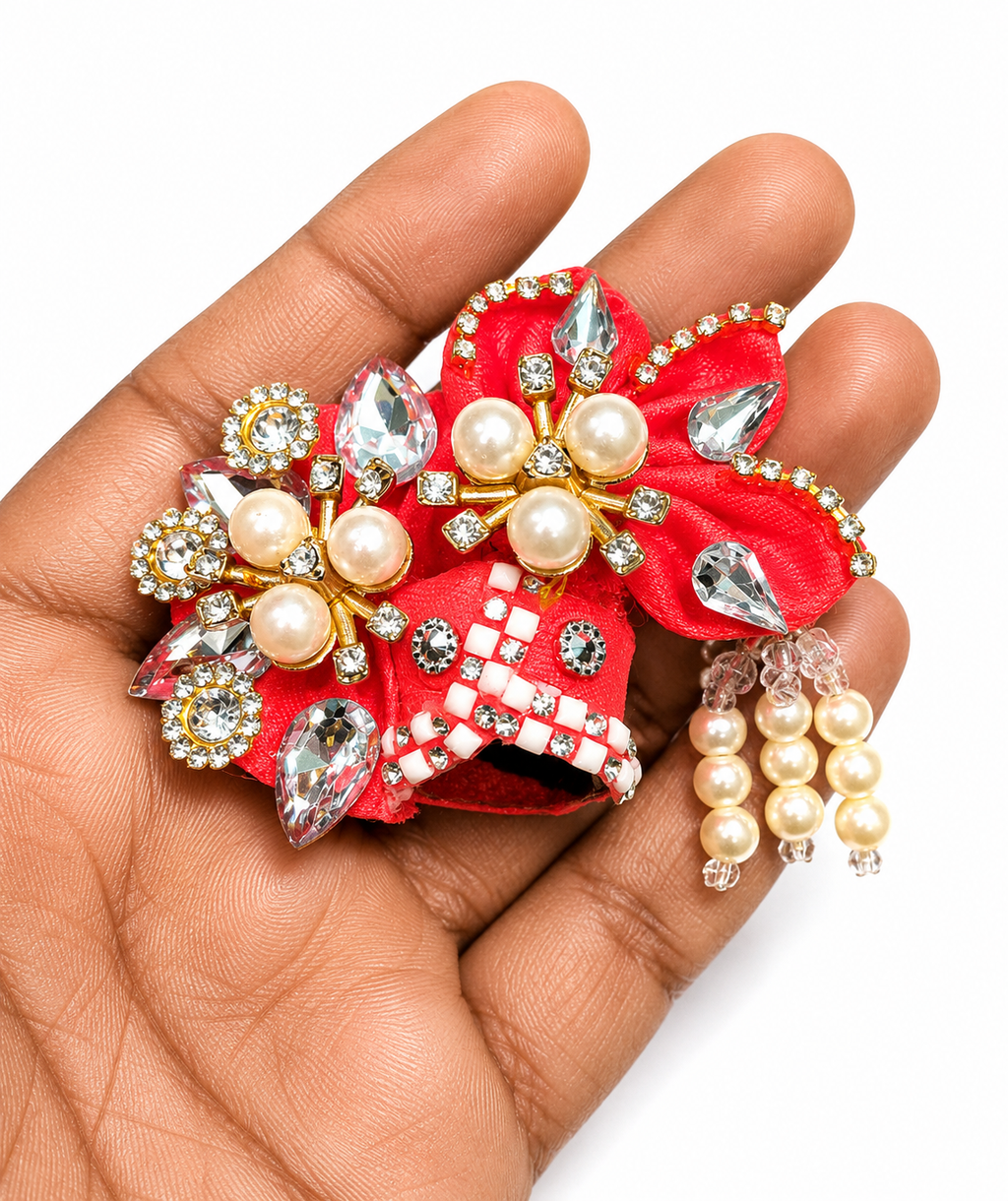 Premium Pearl & Stone Work Laddu Gopal Pagdi Red for Size 0 | Handmade Designer Mukut Safa for 1 to 1.5 Inch Bal Gopal Idol