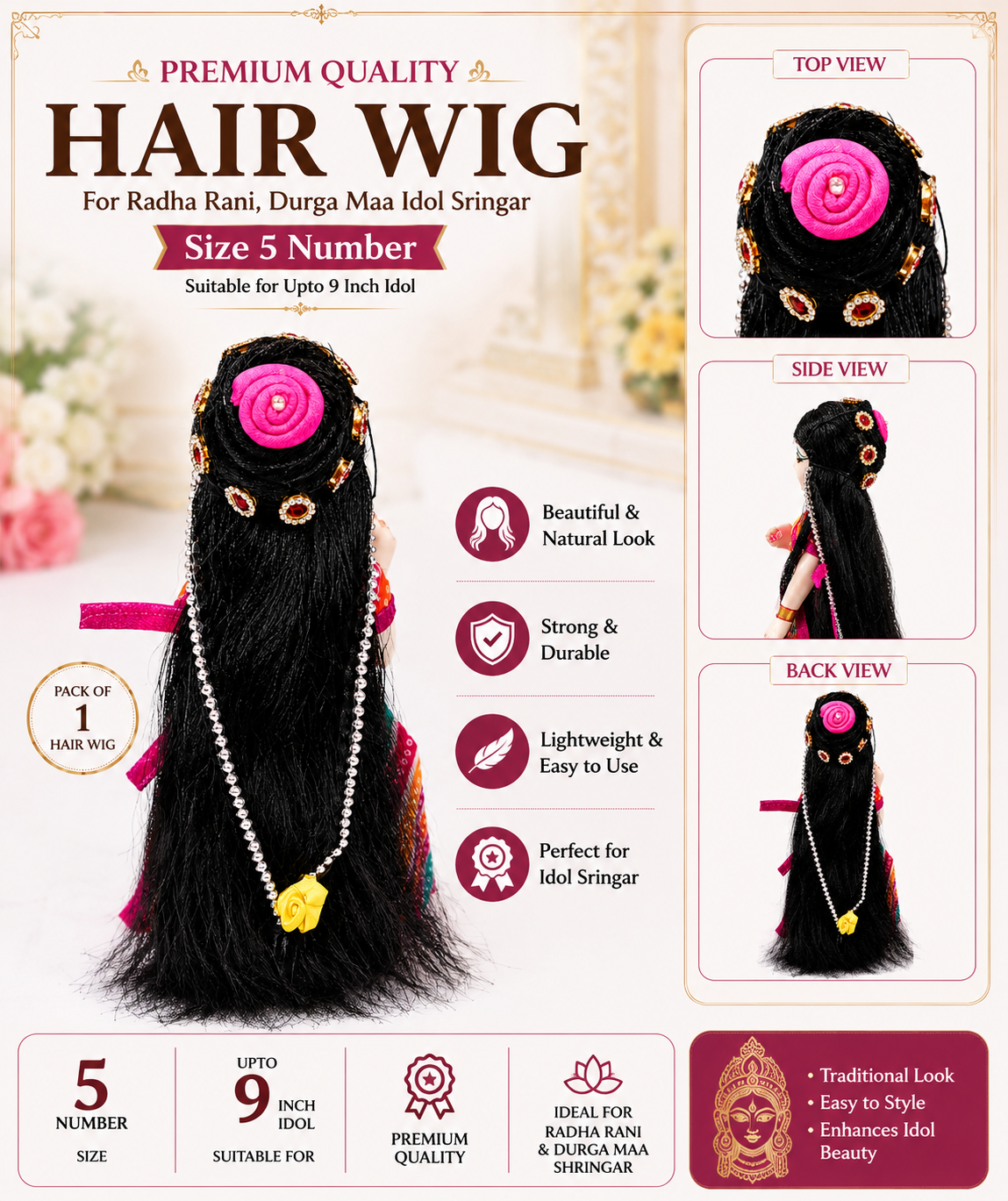 Radha Rani Hair Wig for Sringar 9 Inch Radha Rani, Durga Maa rich Content image