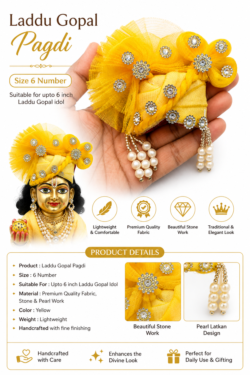 Laddu Gopal Janmashtami Pagdi Yellow Size 6 Number