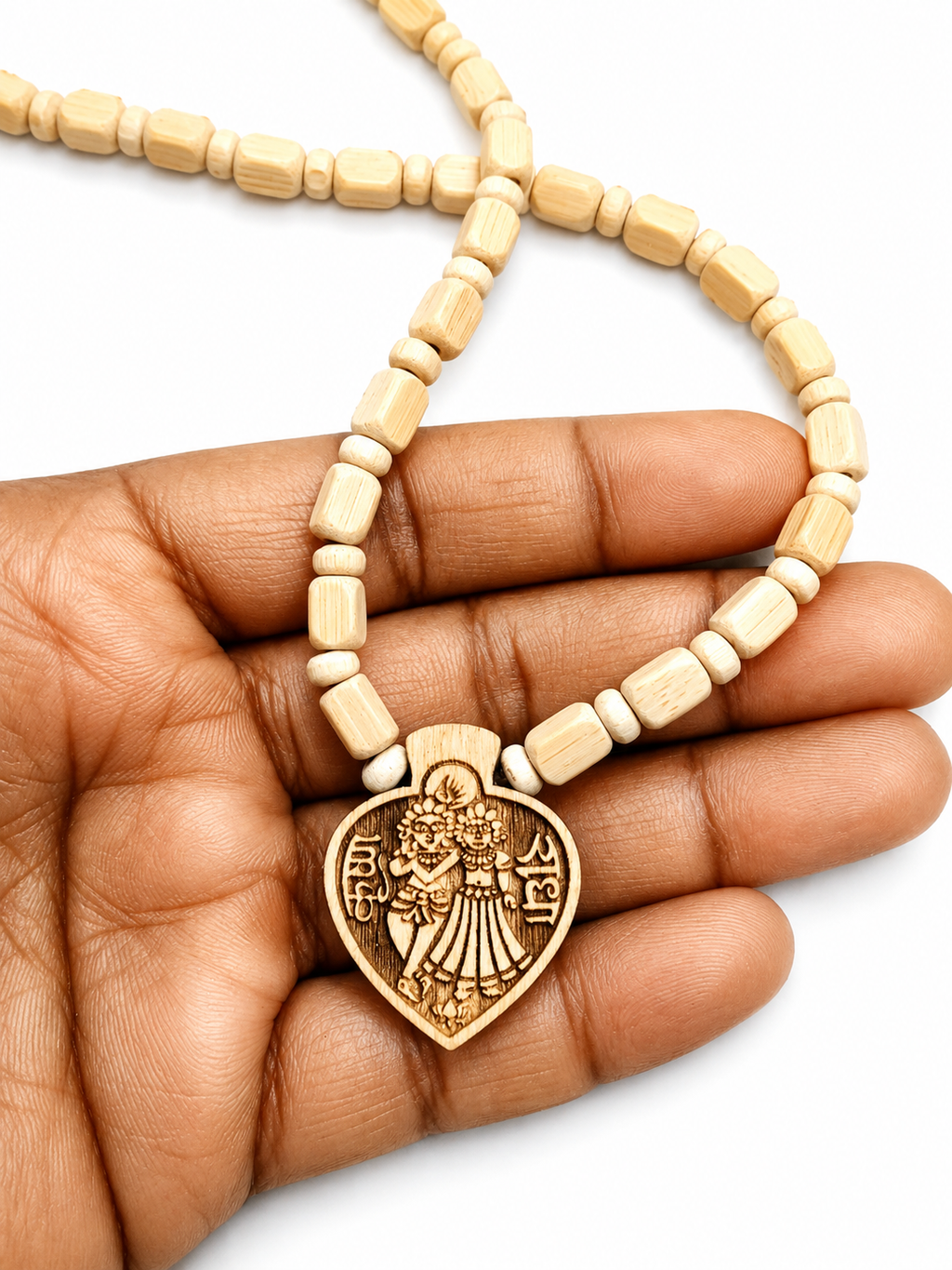 premium tulsi kanthi mala with radha krishna wooden pendant single round tulsi necklace for men women spiritual devotional mala