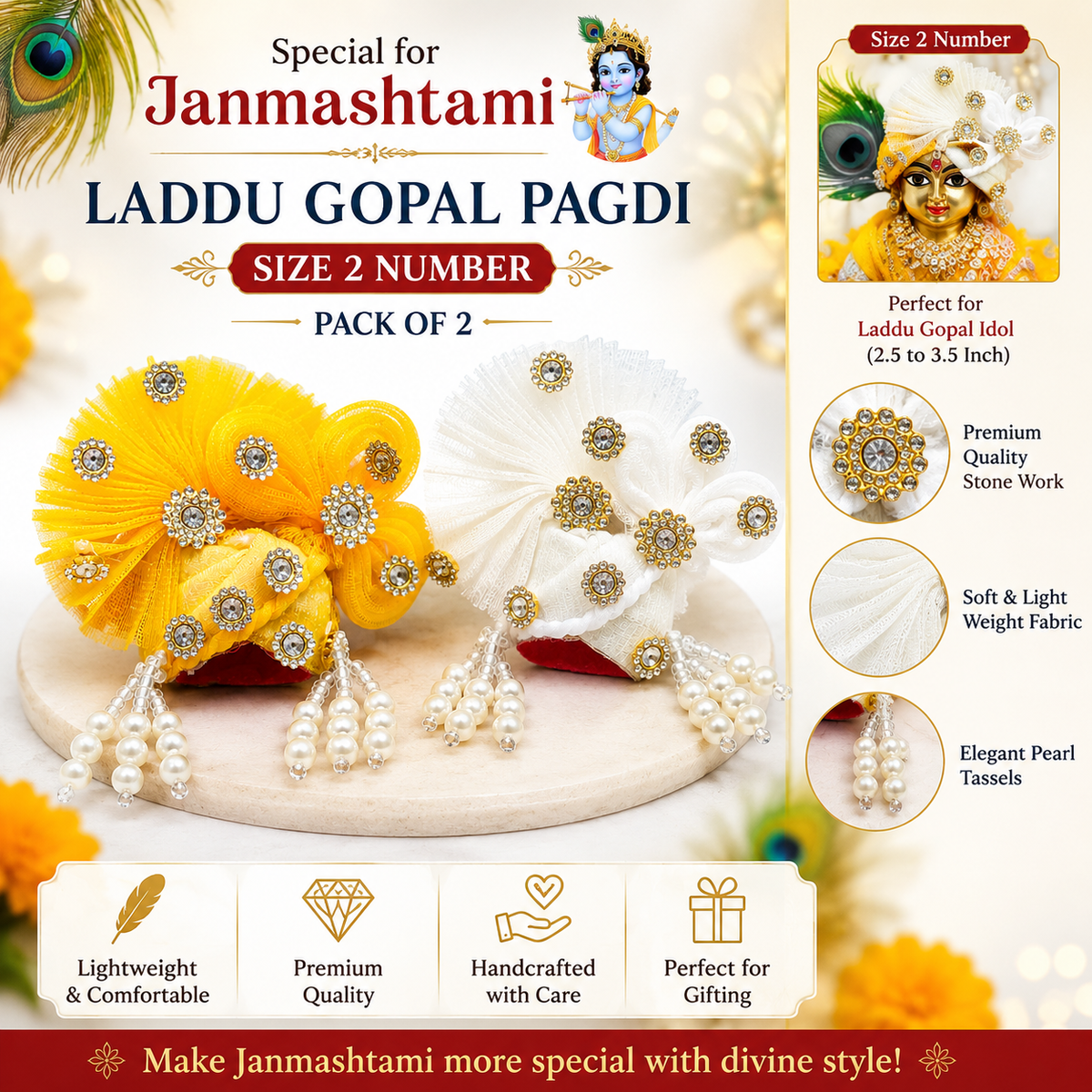 Laddu Gopal Pagdi Size 2 Number Color Yellow & White Rich Content Image