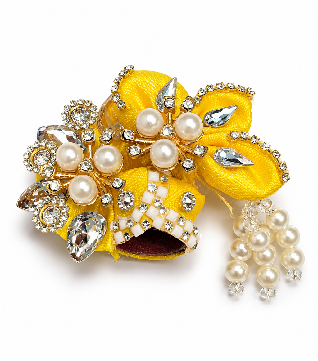 Premium Pearl & Stone Work Laddu Gopal Pagdi Yellow for Size 0 | Handmade Designer Mukut Safa for 1 to 1.5 Inch Bal Gopal Idol
