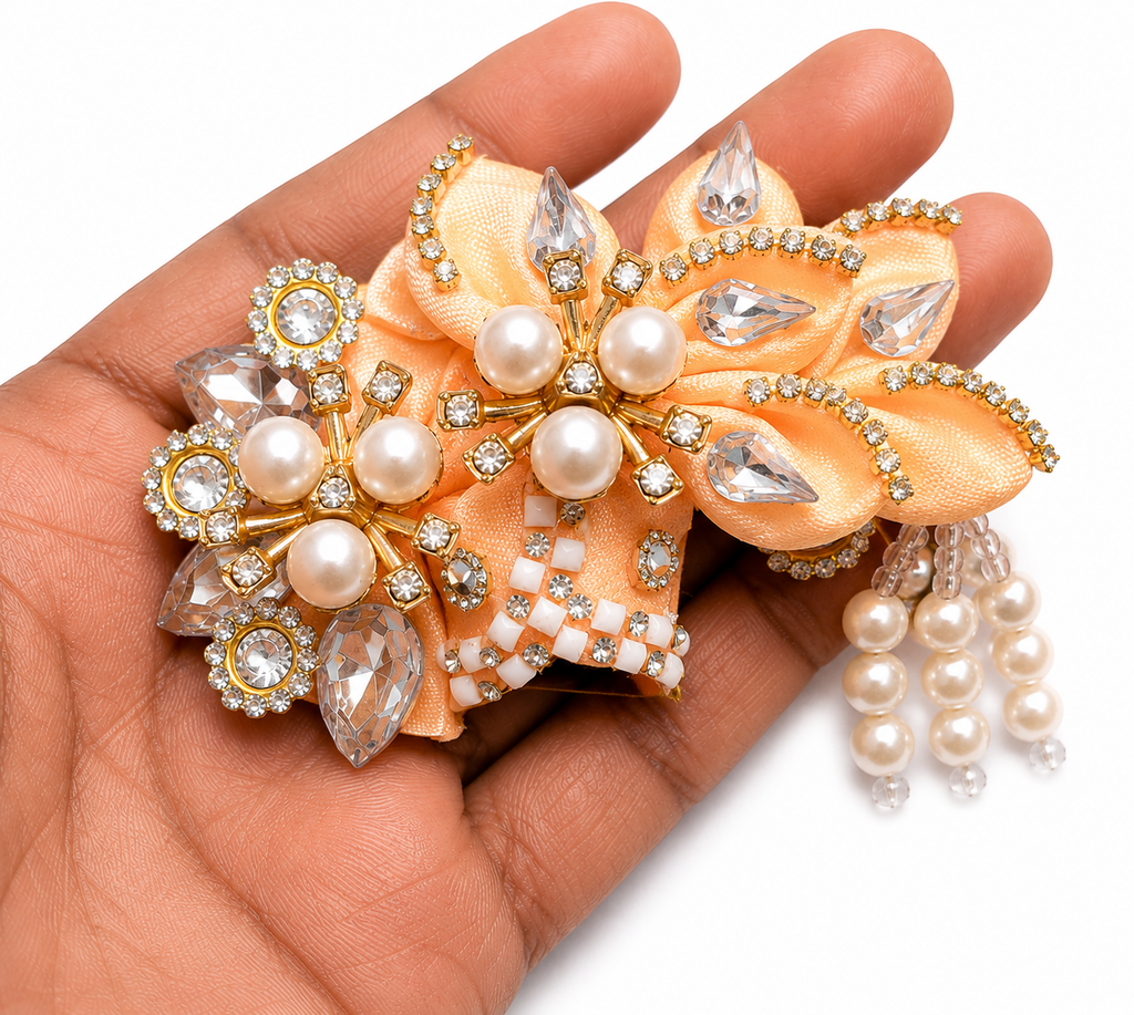 Premium Pearl & Stone Work Laddu Gopal Pagdi Light Orange Colour for Size 0 | Handmade Designer Mukut Safa for 1 to 1.5 Inch Bal Gopal Idol